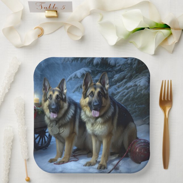 German Shepherd Snowy Sleigh Christmas Decor  Paper Plate (Wedding)