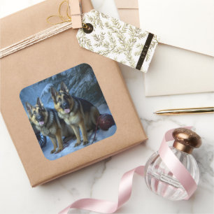 German Shepherd Snowy Sleigh Christmas Decor Square Sticker