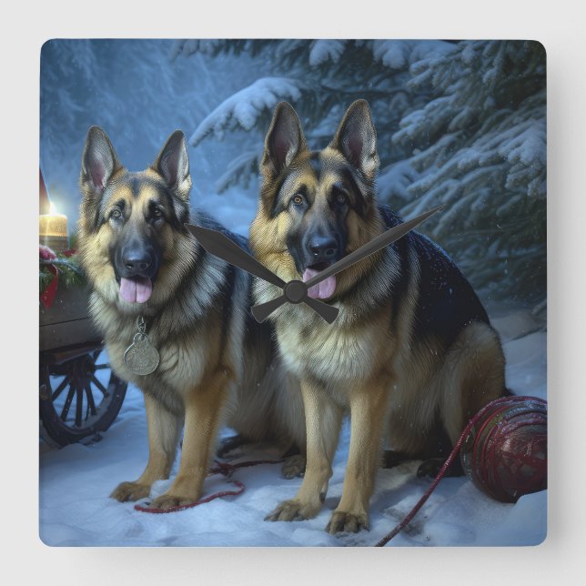 German Shepherd Snowy Sleigh Christmas Decor   Square Wall Clock (Front)