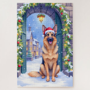 German Shepherd Snowy Town Gate Santa Christmas Jigsaw Puzzle