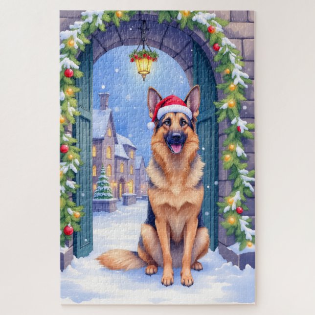 German Shepherd Snowy Town Gate Santa Christmas Jigsaw Puzzle (Vertical)