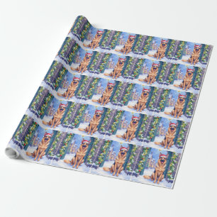 German Shepherd Snowy Town Gate Santa Christmas Wrapping Paper