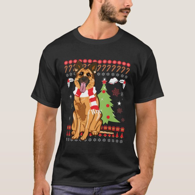 German Shepherd Ugly German Santa Tree For Christm T-Shirt (Front)