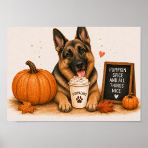 German Shepherd Warm Pumpkin Spice Puppaccino A4 Poster