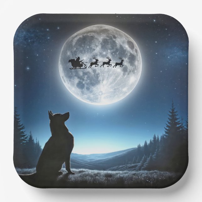 German Shepherd Watching Santa Claus and Reindeer Paper Plate (Front)