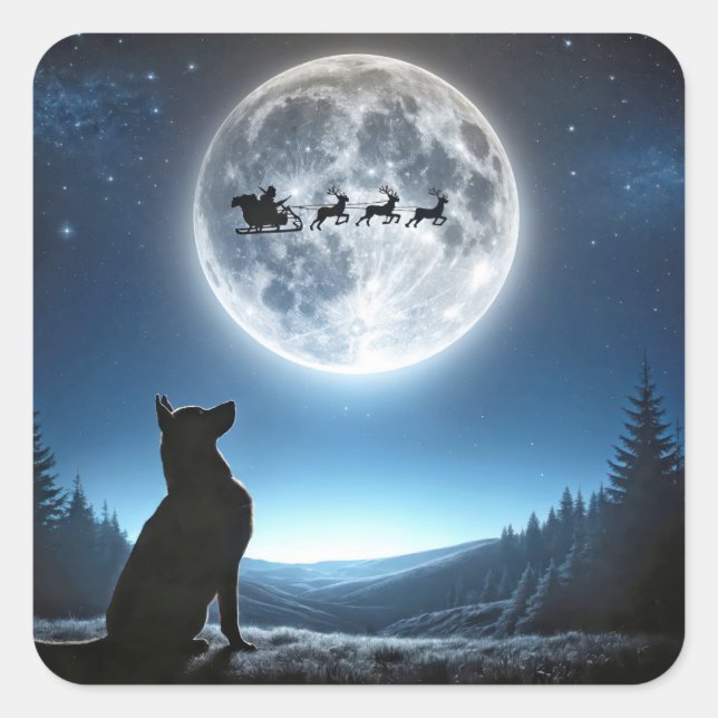 German Shepherd Watching Santa Claus and Reindeer Square Sticker (Front)