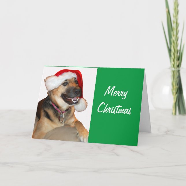 German Shepherd wearing a Santa Claus Hat Holiday Card (Front)