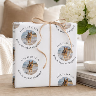 German Shepherd white photo Life is Better Wrapping Paper Sheet