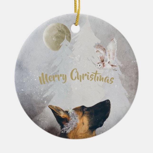 German Shepherd Winter Watercolor Holiday  Ceramic Ornament (Front)