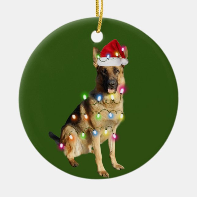 German Shepherd With Christmas Scafts Santa Ceramic Ornament (Front)