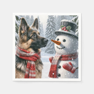 German Shepherd With Christmas Snowman Napkin