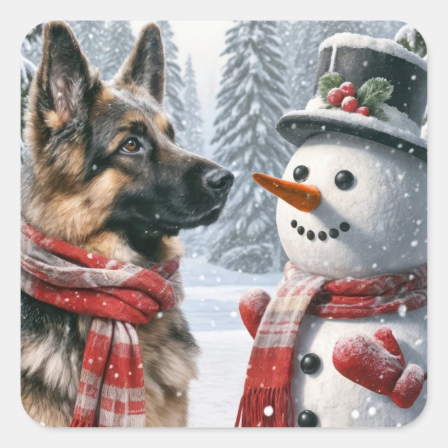 German Shepherd With Christmas Snowman Square Sticker (Front)