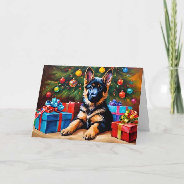 German Shepherd with Christmas Tree and Presents  Card (Front)