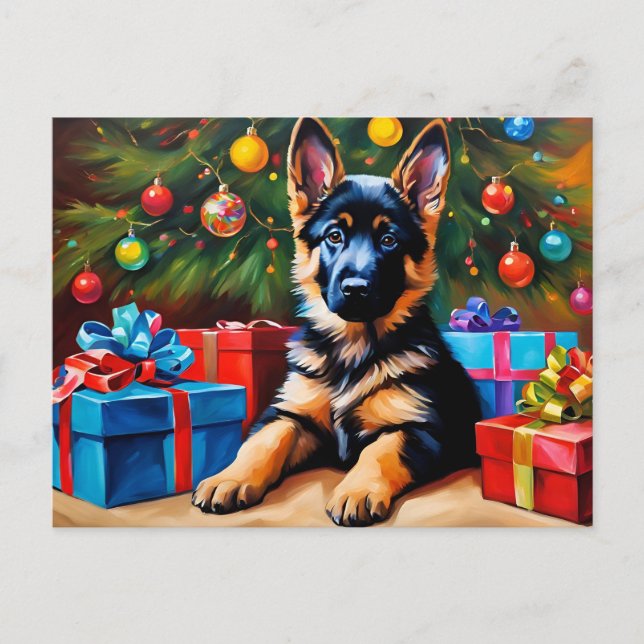 German Shepherd with Christmas Tree and Presents  Holiday Postcard (Front)