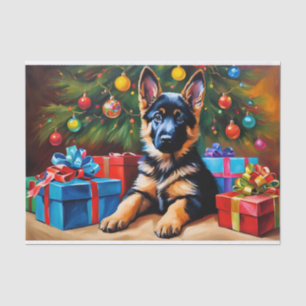 German Shepherd with Christmas Tree and Presents Tissue Paper
