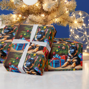 German Shepherd with Christmas Tree and Presents  Wrapping Paper