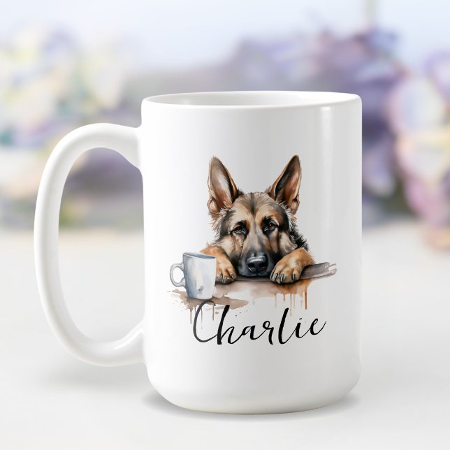 German Shepherd with coffee mug, dog with attitude Mug (Creator Uploaded)