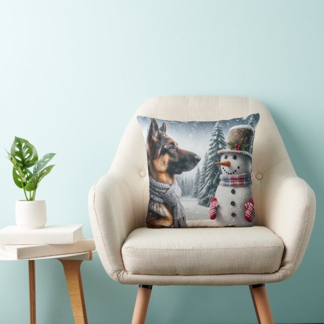 German Shepherd With Holiday Snowman Cushion (Chair)