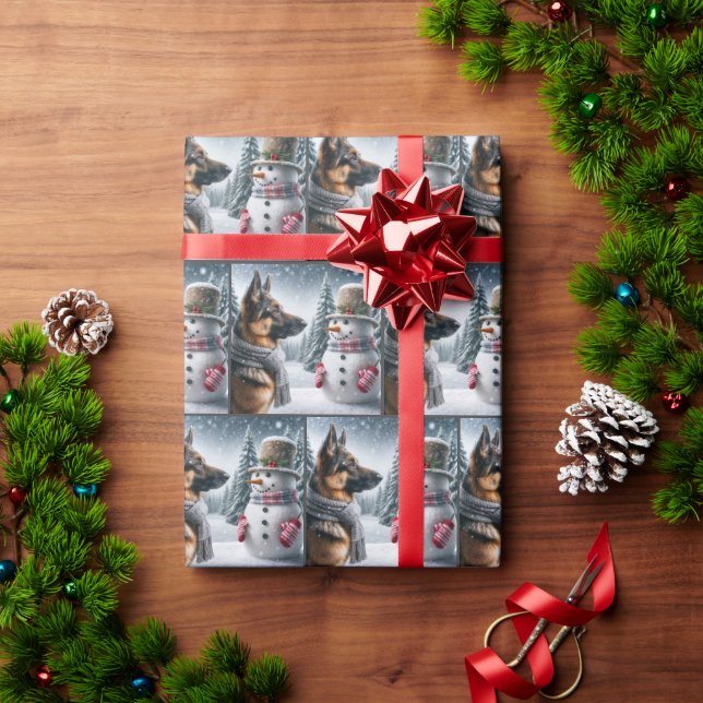 German Shepherd With Holiday Snowman Wrapping Paper (Holiday Gift)