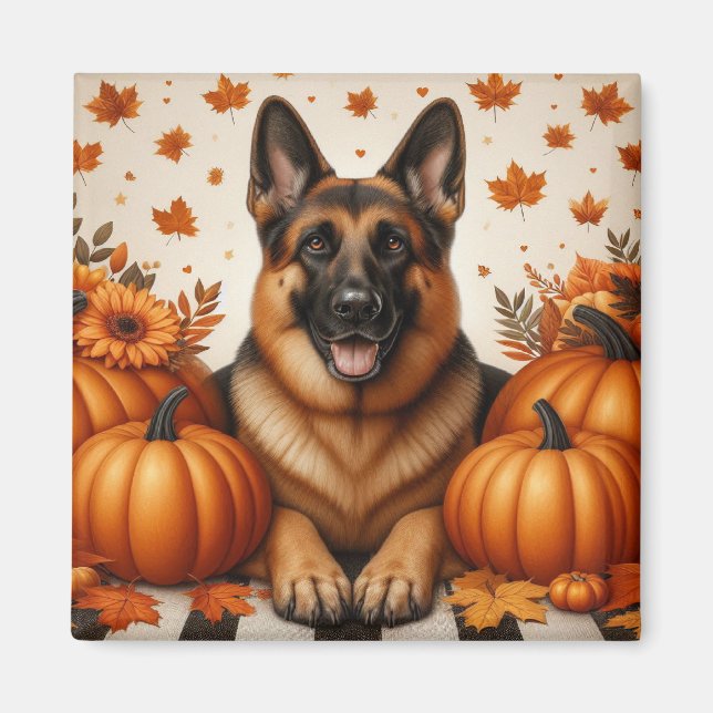 German Shepherd With Pumpkins And Autumn Leaves Magnet (Front)