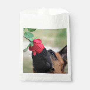 german shepherd with rose favour bag