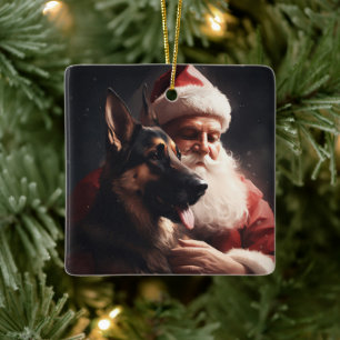 German Shepherd With Santa Claus Festive Christmas Ceramic Ornament