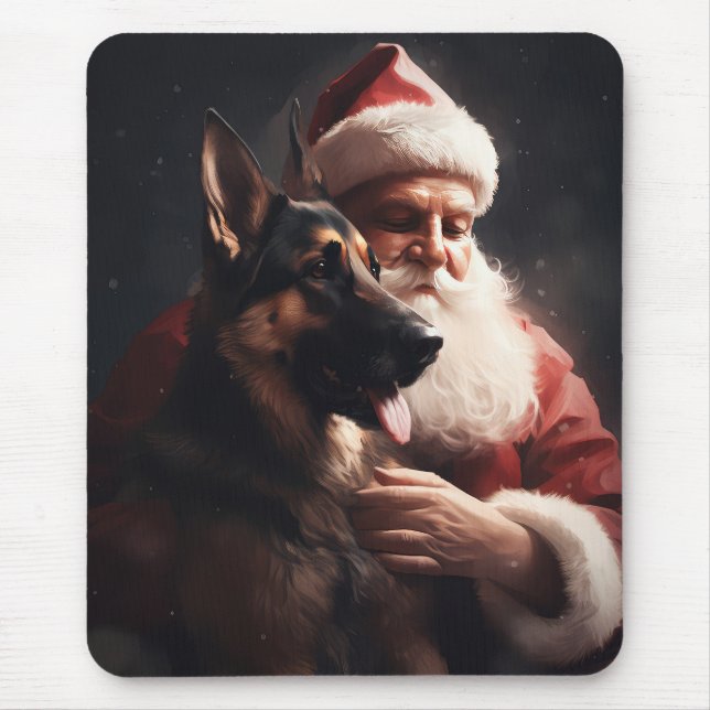 German Shepherd With Santa Claus Festive Christmas Mouse Pad (Front)