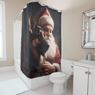 German Shepherd With Santa Claus Festive Christmas Shower Curtain