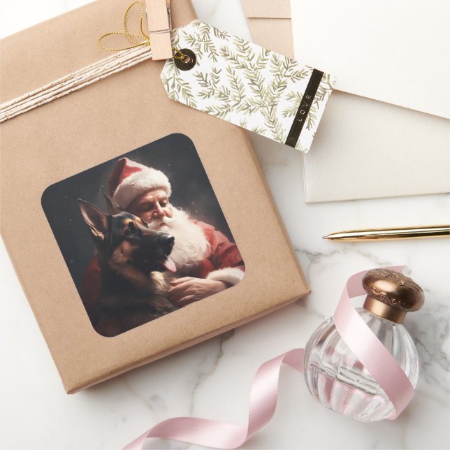 German Shepherd With Santa Claus Festive Christmas Square Sticker (Gifting)
