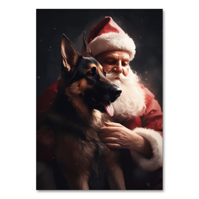 German Shepherd With Santa Claus Festive Christmas Table Number (Front)