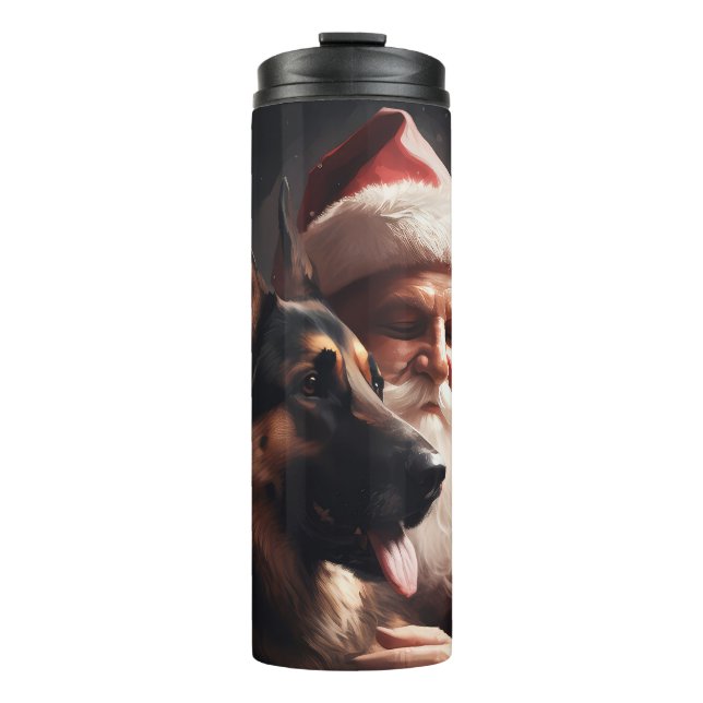 German Shepherd With Santa Claus Festive Christmas Thermal Tumbler (Front)