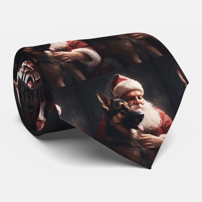 German Shepherd With Santa Claus Festive Christmas Tie (Rolled)