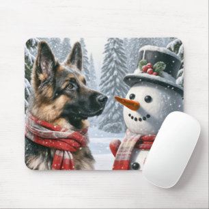 German Shepherd With Snowman Mouse Pad