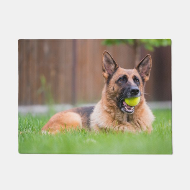 German Shepherd With Tennis Ball Doormat (Front)