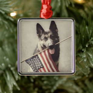German Shepherd With US Flag Metal Ornament