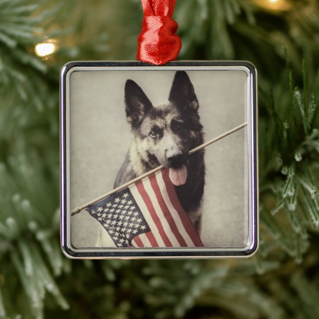 German Shepherd With US Flag Metal Ornament (Tree)