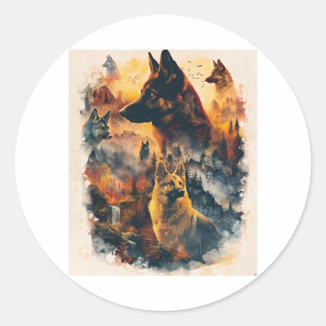German Shepherds Across Mythical Realms Classic Round Sticker (Front)