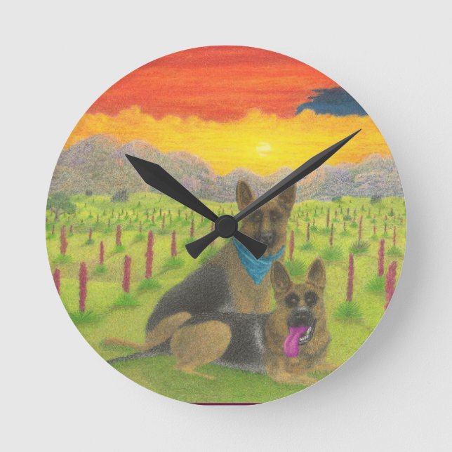 German Shepherds At Sunset Round Clock (Front)