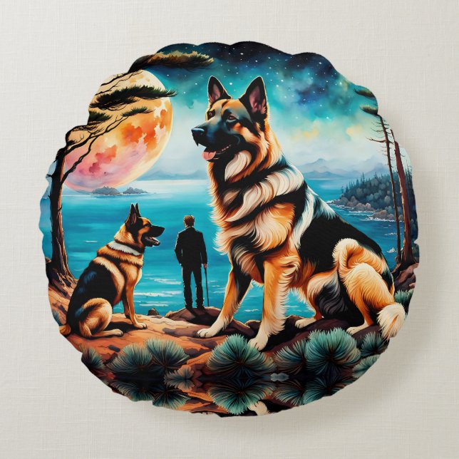 German Shepherds Hiking on Mountain Round Cushion (Front)