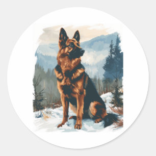 German Shepherds in Winter Wonderland Classic Round Sticker