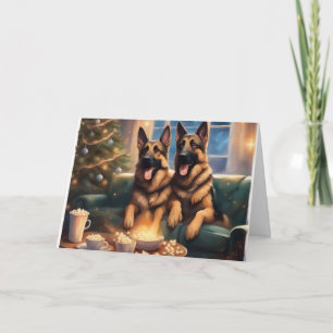 German Shepherds on a couch by Christmas Tree Holiday Card