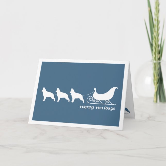 German Shepherds Pulling Santa's Sleigh Holiday Card (Front)