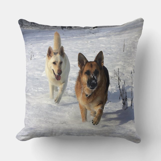 German Shepherds Running in the Snow Cushion (Front)