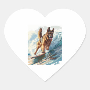 German Shepherds Surfing the Waves Heart Sticker