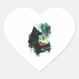 German Shepherds Under Northern Lights Heart Sticker