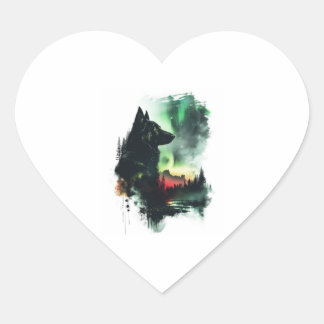 German Shepherds Under Northern Lights Heart Sticker