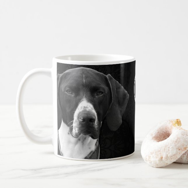 GERMAN SHORTHAIR POINTER BLACK AND WHITE PHOTO MUG (With Donut)