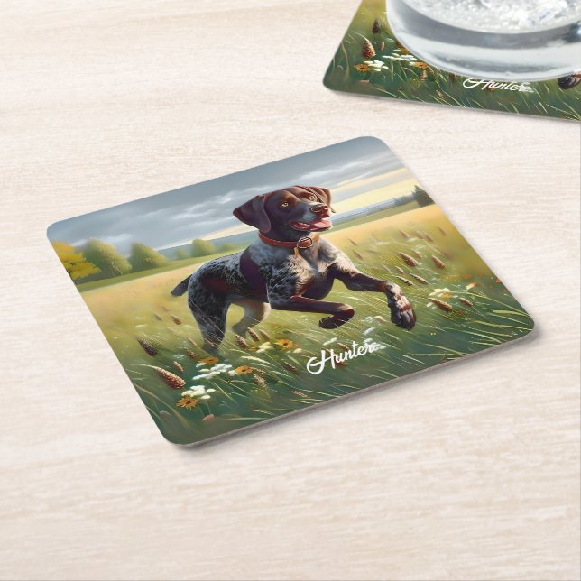 German Shorthair Pointer Running Square Paper Coaster (Angled)
