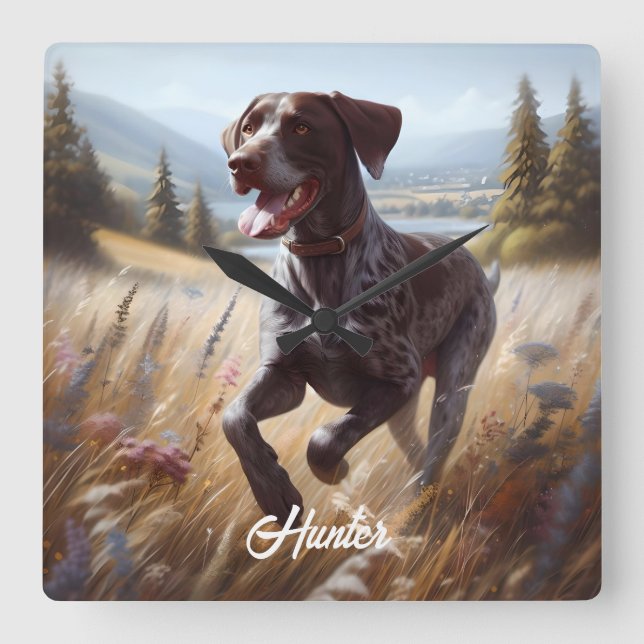 German Shorthair Pointer Running Square Wall Clock (Front)