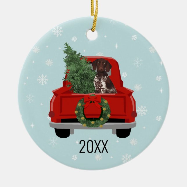 German Shorthaired Pointer Christmas Red Truck Ceramic Ornament (Front)
